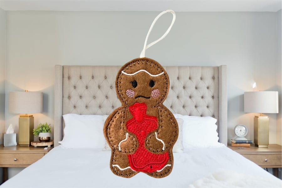 Poorly Gingerbread lady Embroidered Hanging Keepsake, hot water bottle