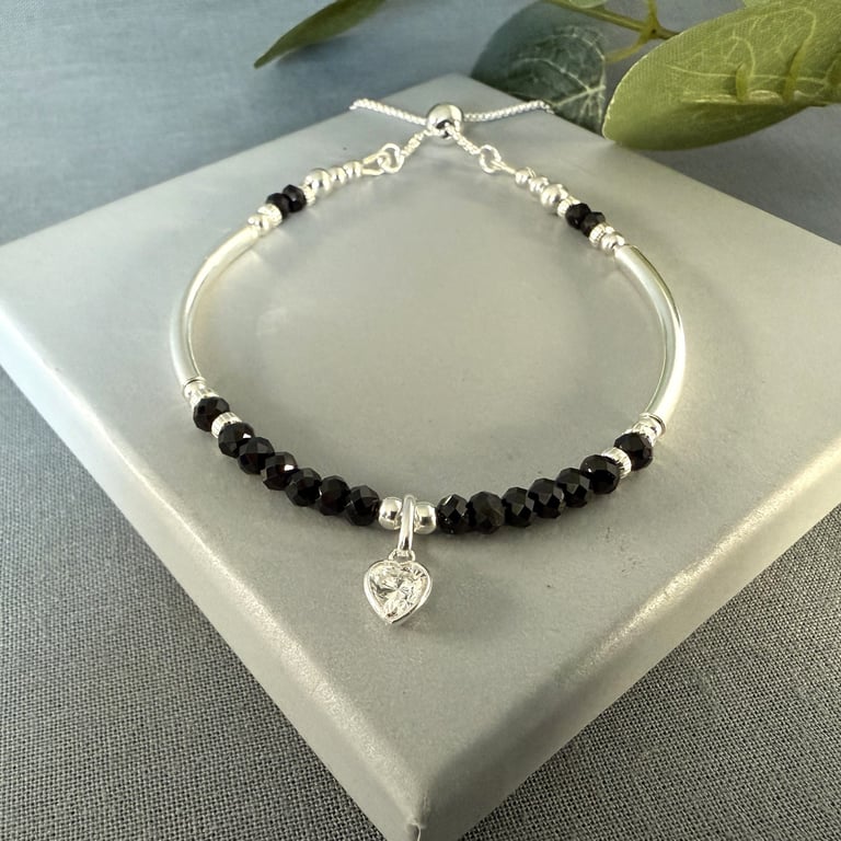 Black Spinel & Sterling Silver Noodle Bracelet with CZ Charm  Adjustable Slider