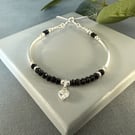 Black Spinel & Sterling Silver Noodle Bracelet with CZ Charm  Adjustable Slider