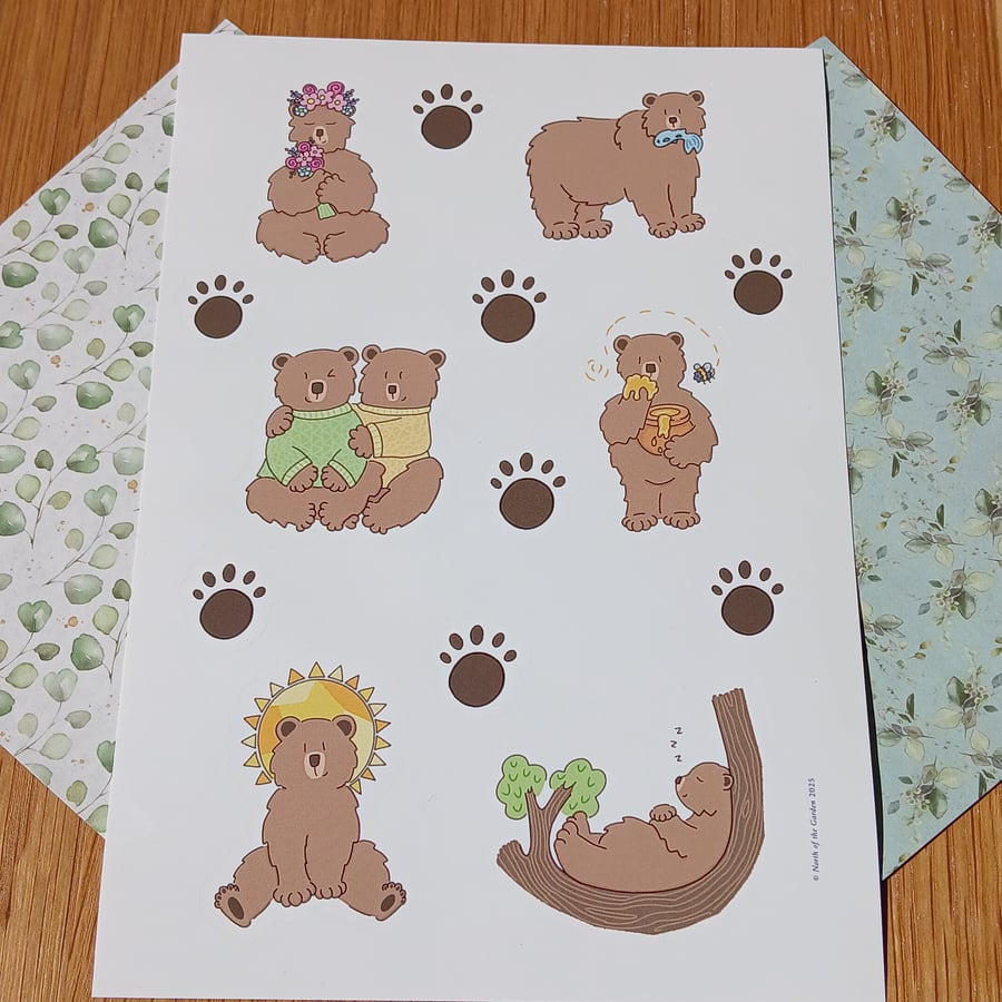 Brown Bear A5 Sticker Sheet! Cute Waterproof Stickers for Journaling and Craft