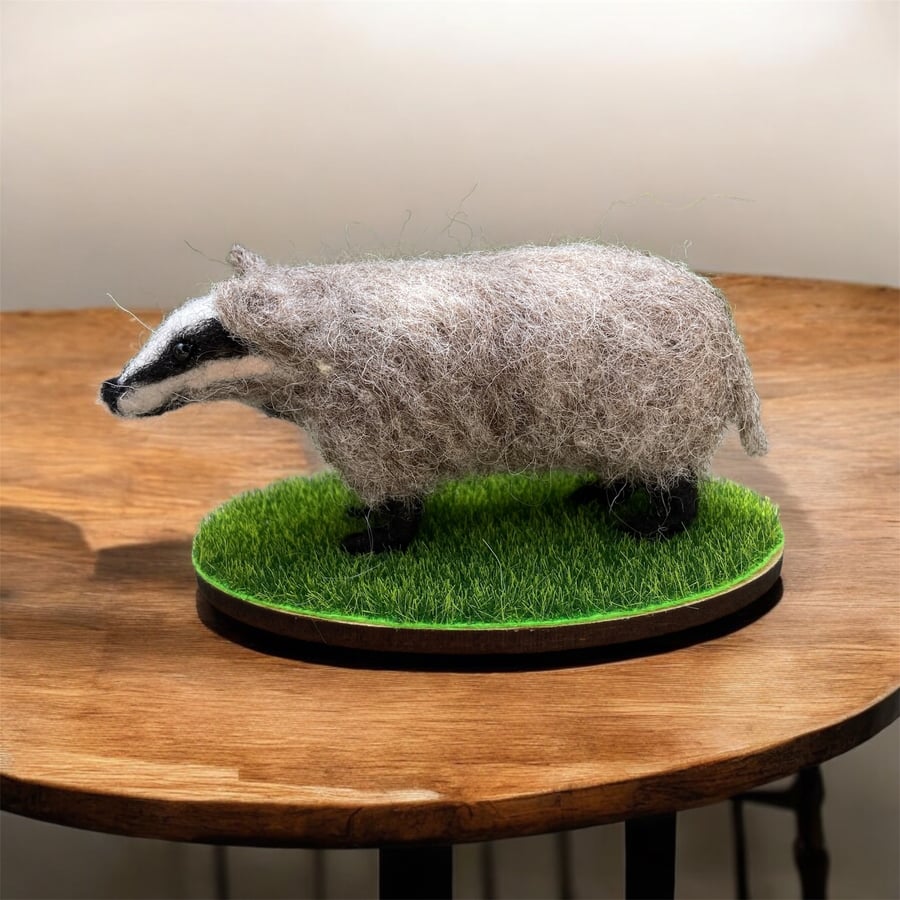 Mini badger needle felted, woollen sculpture, model