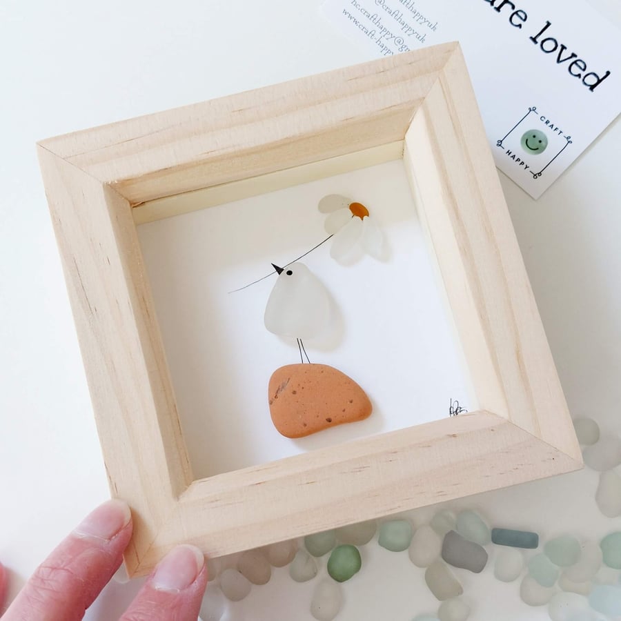 Sea Glass Daisy Art - Framed Glass Bird Picture, Thank You, Friendship Gift