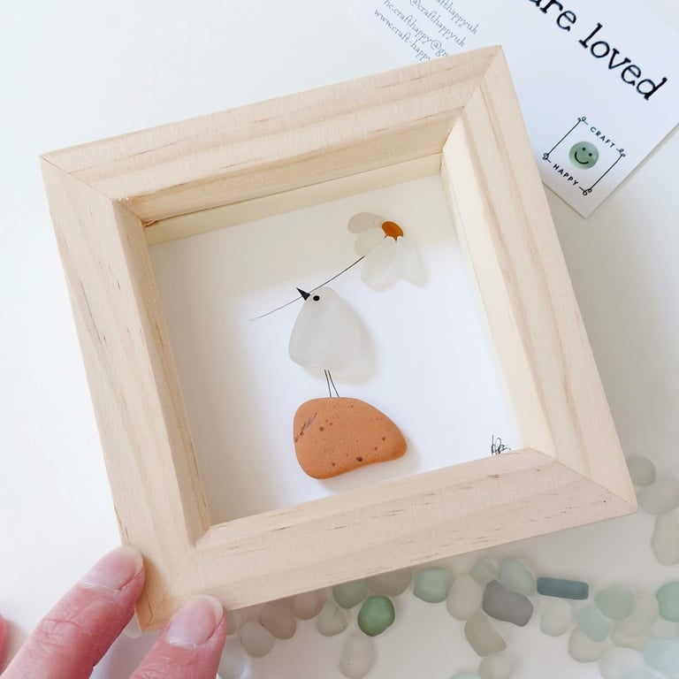 Sea Glass Daisy Art - Framed Glass Bird Picture, Thank You, Friendship Gift