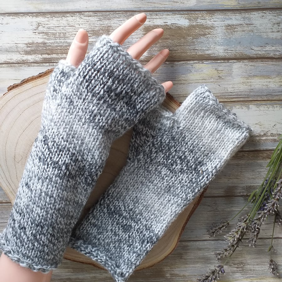 Knitted Fingerless Gloves, Marbled Yarn Hand Warmers