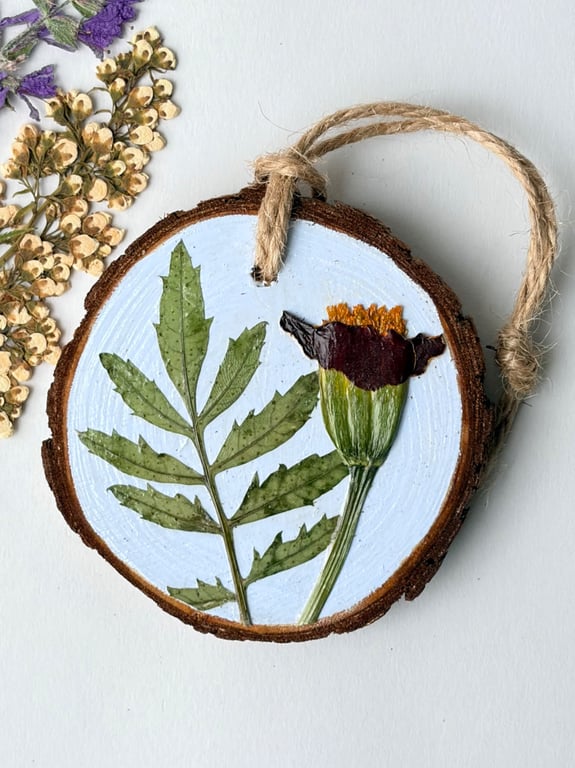 Pressed Marigold Flower Wood Slice Hanging Hand Painted Rustic Botanical Décor