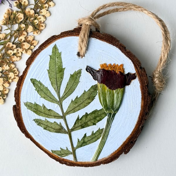 Pressed Marigold Flower Wood Slice Hanging Hand Painted Rustic Botanical Décor