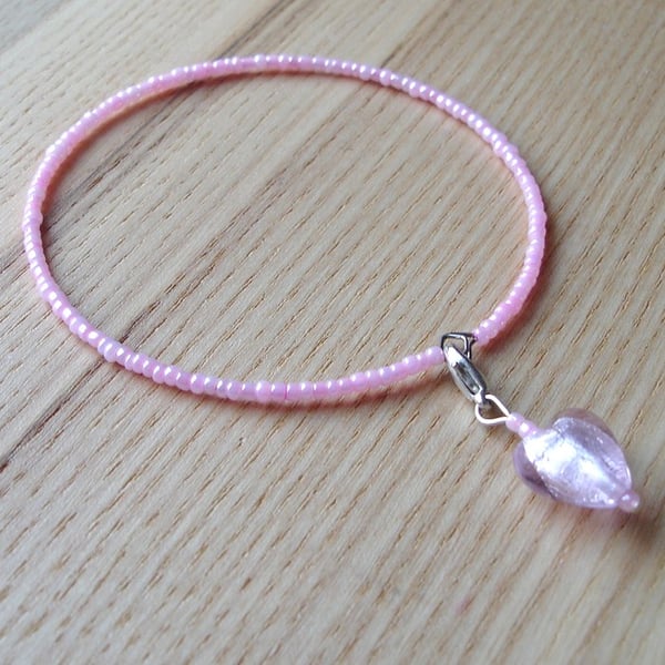 Pink Heart Seed Bead Charm Bracelet