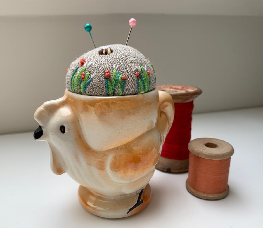 Chicken egg cup pincushion