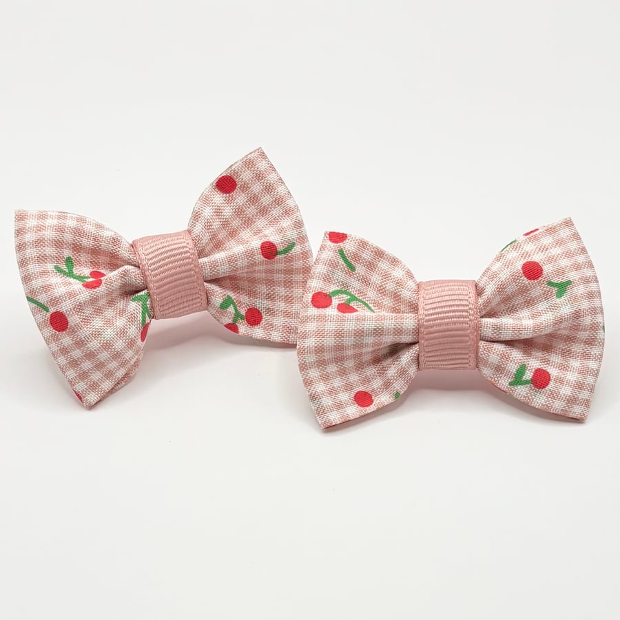 Pink Gingham Cherry Bow Hair Bobbles 