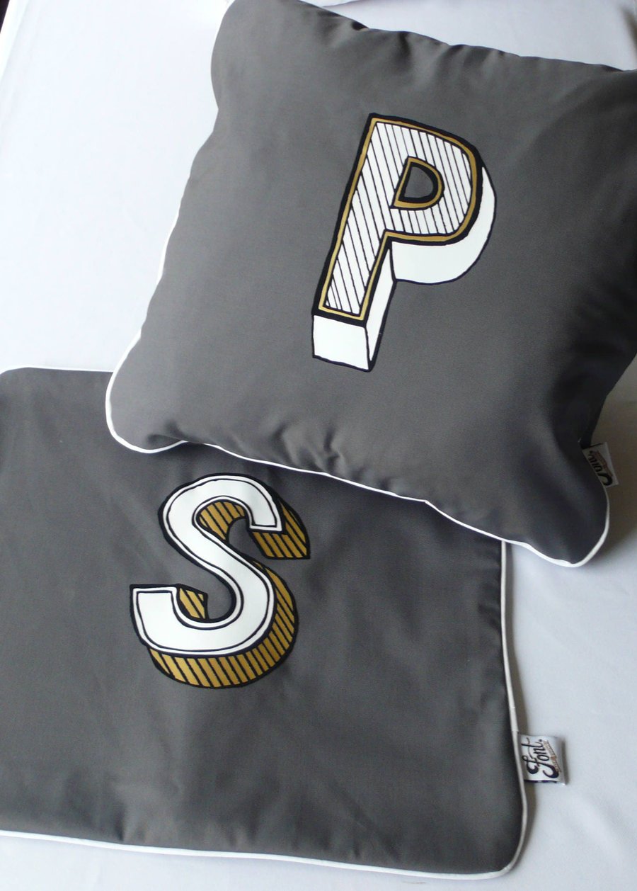 Letter Cushion Cover Personalised alphabet lover. Initial monogram on Grey White