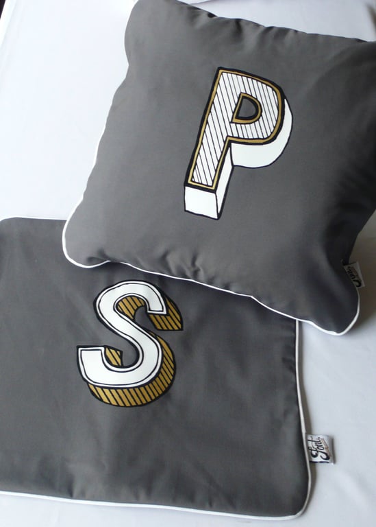 Letter Cushion Cover Personalised alphabet lover. Initial monogram on Grey White