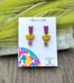 Geometric Polymer Clay Earrings - Purple Shimmer and Chartreuse Dangles - Image 4