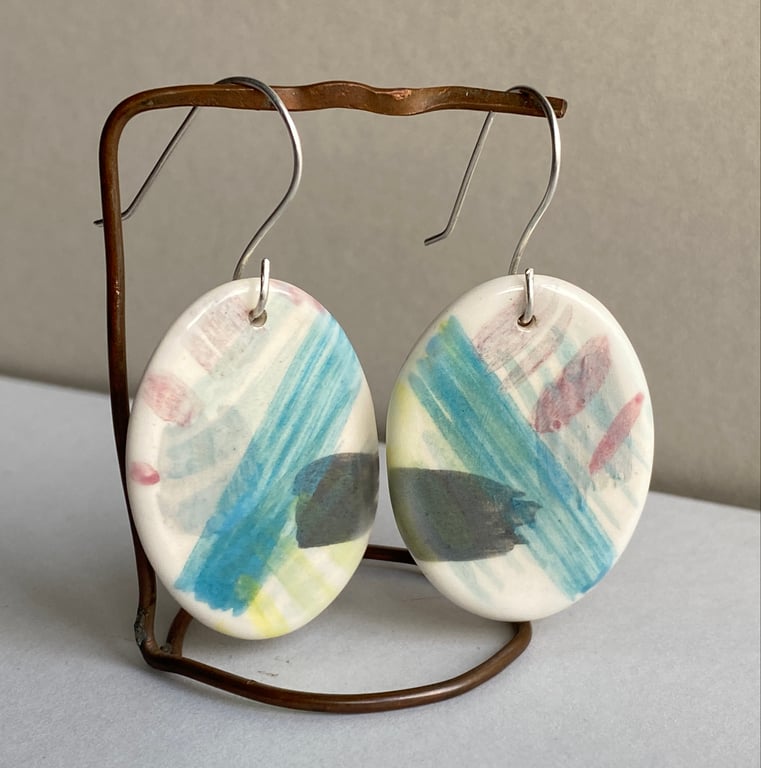 Earrings handmade ceramic dangly sterling silver earrings
