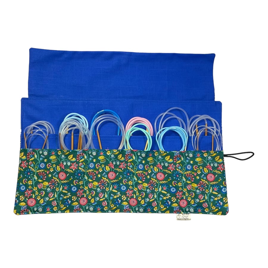 Circular needle case made from Liberty floral fabric, fixed circular sock needle