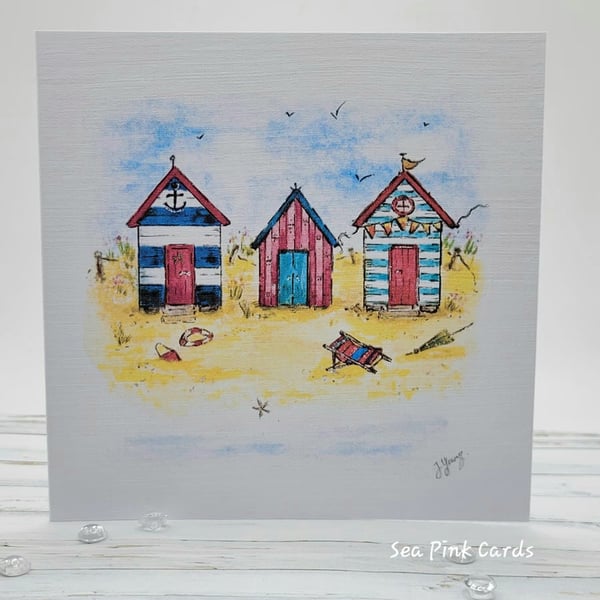 Beach Huts Card - blank card, birthday, beach, coastal card