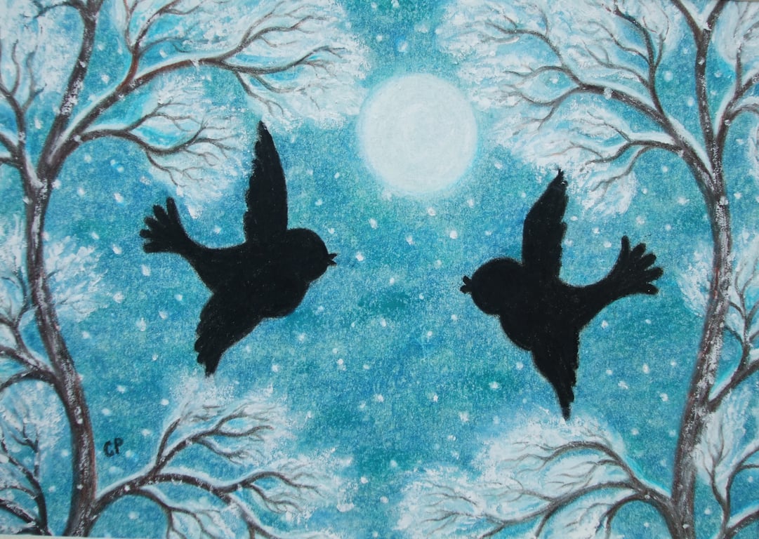 Birds Chritmas Card, Romantic Trees Snow Moon Art Card, Two Love Birds, Xmas