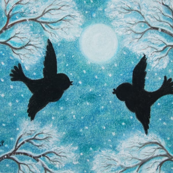 Birds Chritmas Card, Romantic Trees Snow Moon Art Card, Two Love Birds, Xmas