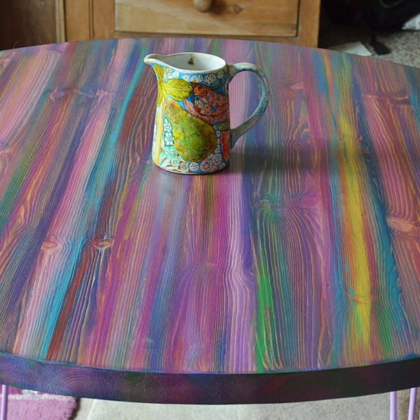 Unique Coastal Cottage Hand Painted Candy Stripe Round Wood Dining Table 110 cm 