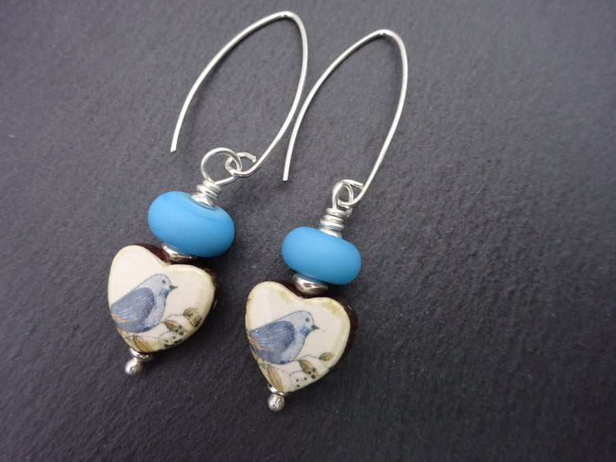 blue bird ceramic earrings, sterling silver and lampwork glass jewellery