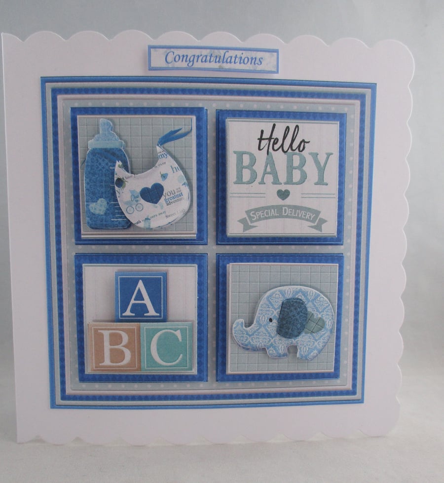 Handmade Decoupage,3D Baby Boy, Greetings Card, Squares, Personalise,Son,