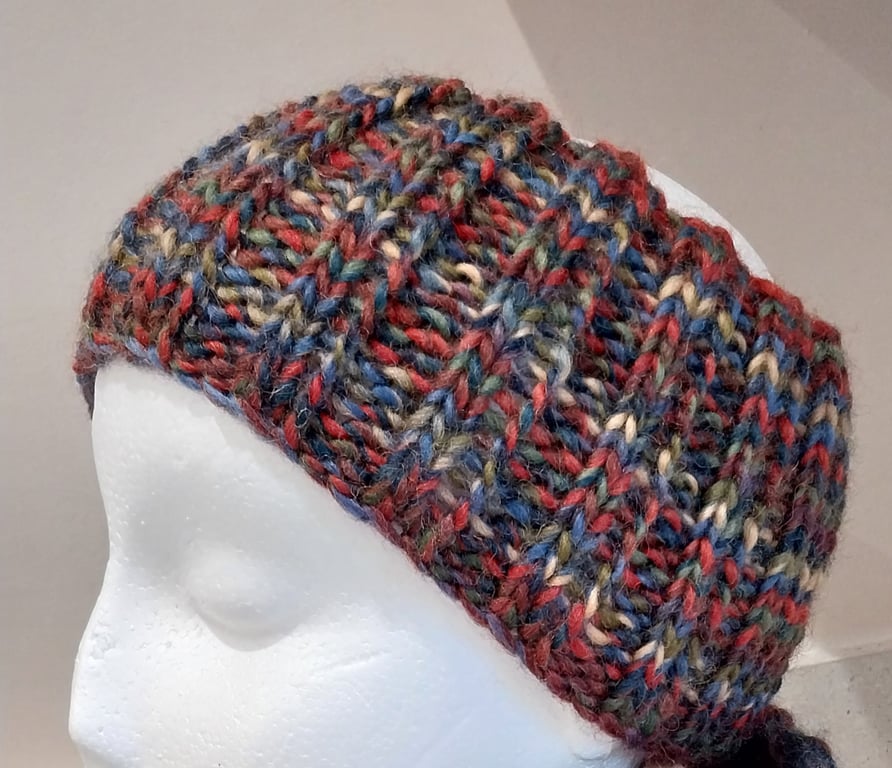 Hand Knitted pure wool chunky Headband M multi green