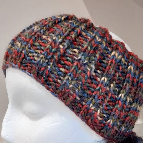 Hand Knitted pure wool chunky Headband M multi green