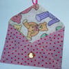 Gift envelope,  hand stitched. For small gifts or money. Pink dots and teddies.