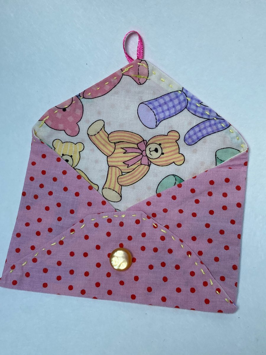 Gift envelope,  hand stitched. For small gifts or money. Pink dots and teddies.