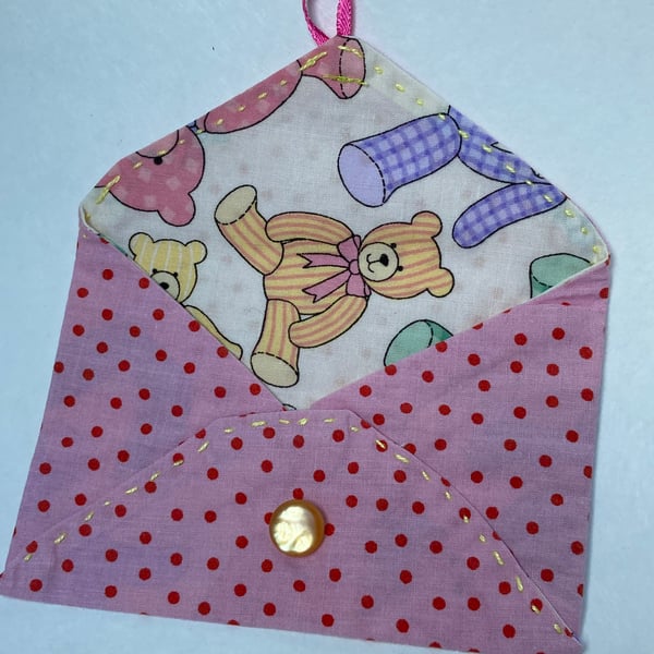 Gift envelope,  hand stitched. For small gifts or money. Pink dots and teddies.