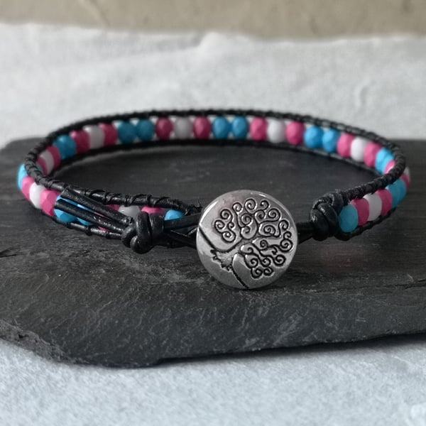 Transgender blue, pink and white bead and leather bracelet, LGBTQ 