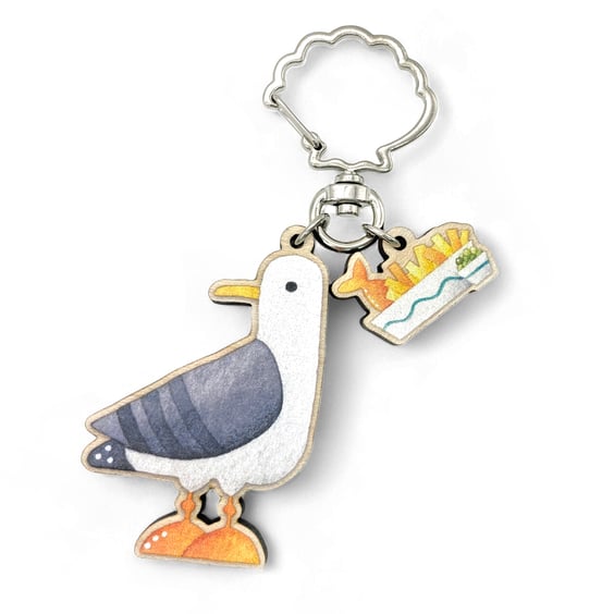 Seagull Keyring - Wooden Key Fob with Fish & Chips. Maple Wood Seaside Key Chain