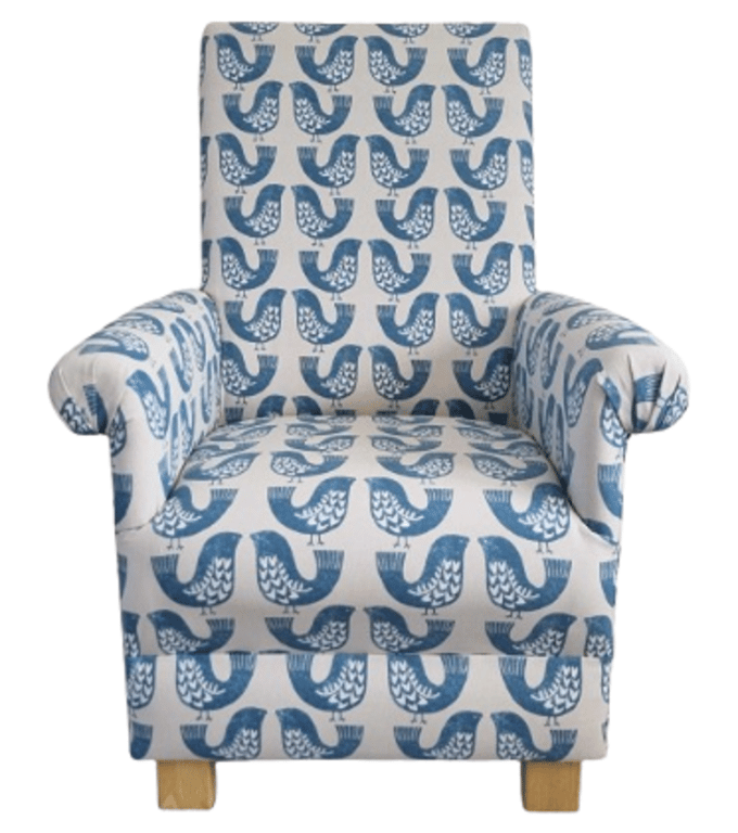 Blue White Armchair Adult Chair iLiv Scandi Birds Fabric Accent Small Nursery