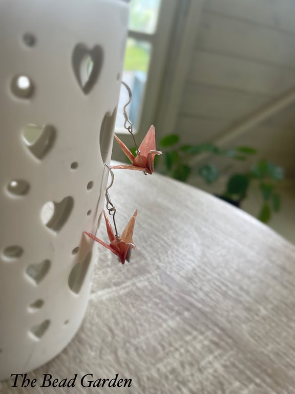 Handmade light orange origami crane earrings with sterling silver ear hooks 