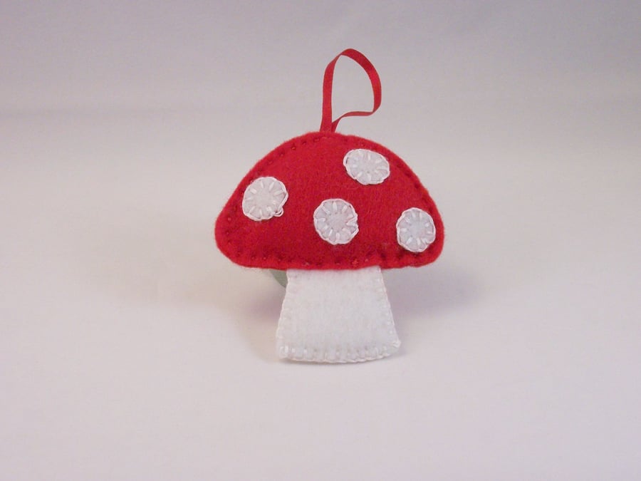 Hand embroidered felt toadstool hanging ornament - Made to Order