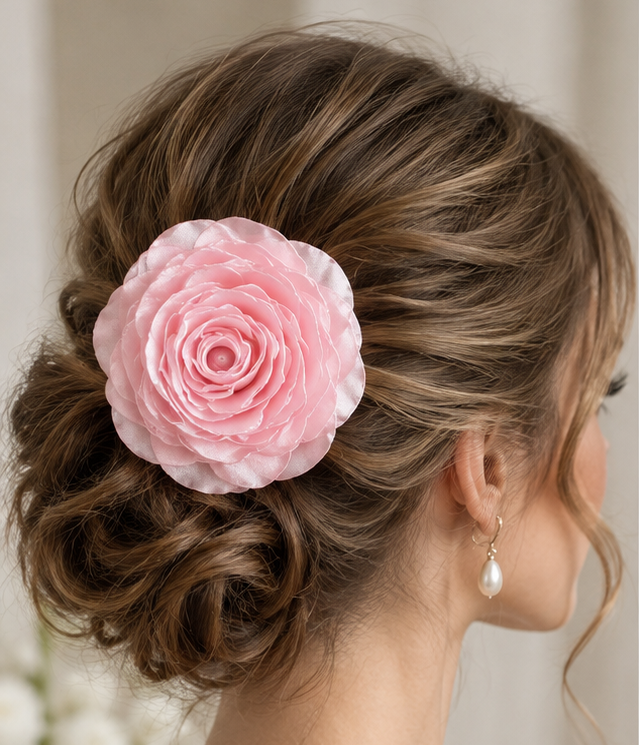 Handmade Pearl Pink Satin Rose Large 12cm Flower Barrette Hair Clip