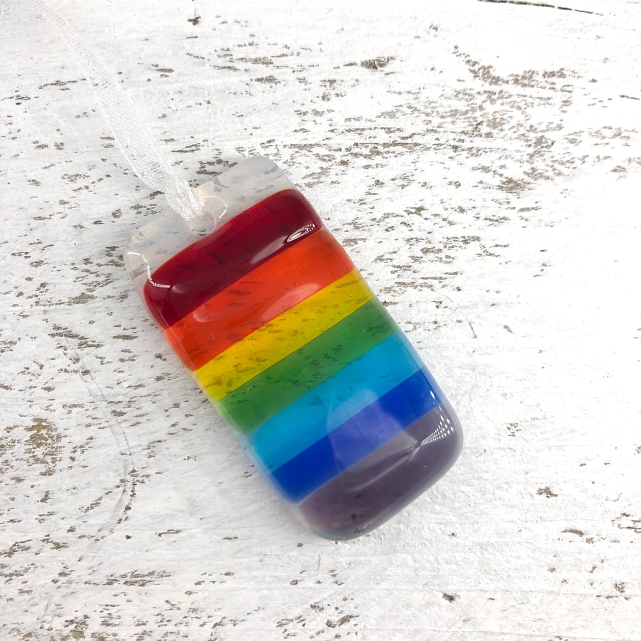 Fused Glass Rainbow Bookmark or Light Catcher on Wispy Glass