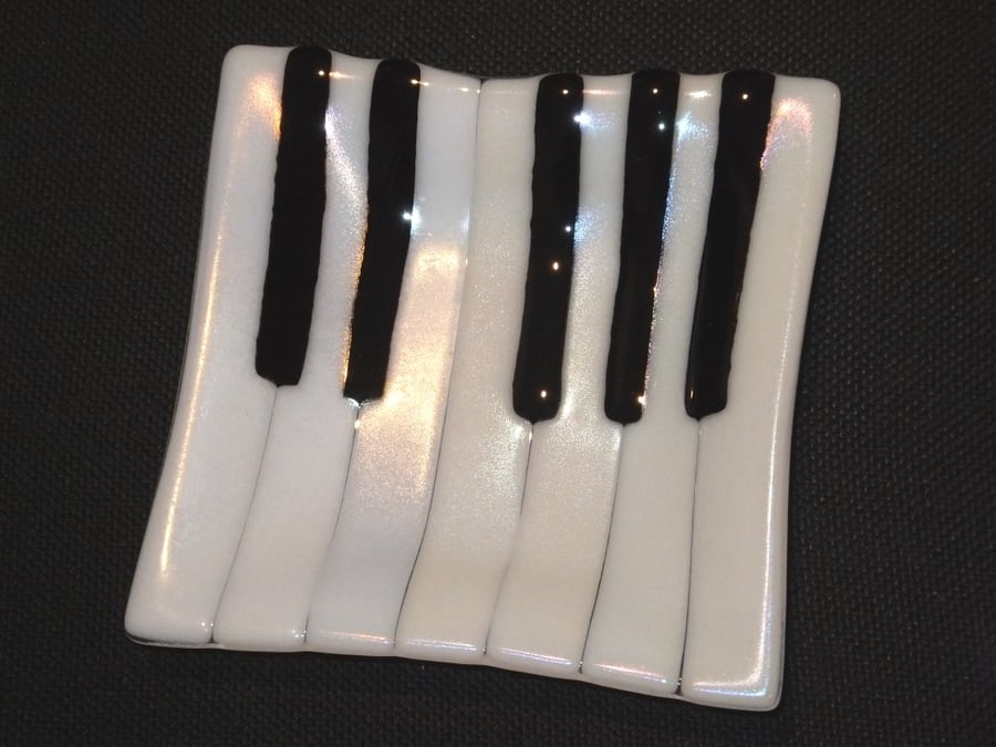 Piano Dish - Black White Iridescent Rainbow Fused Glass trinket dish - music