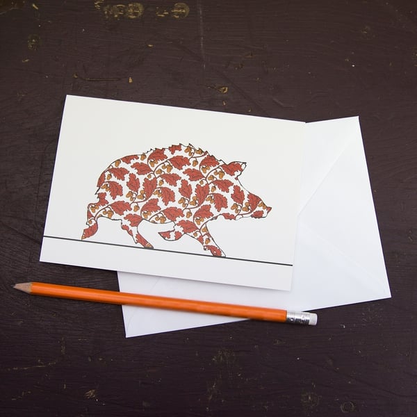 Wild Boar Greetings Card with Acorns Pattern