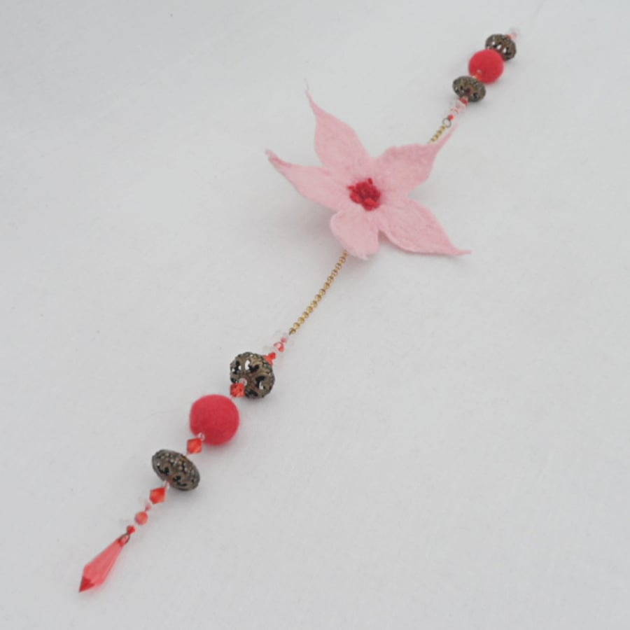 Felted flower and bead hanging decoration - pink