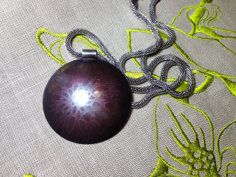 Patinated & Etched Round Copper Disc Pendant. 