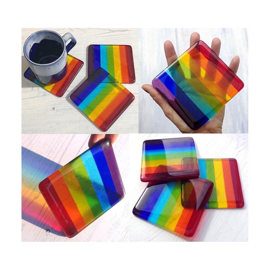 Handmade Fused Glass Rainbow Striped Drinks Coaster - Colourful Glass Tile 