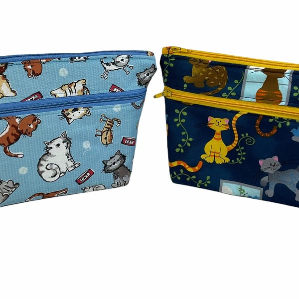Cosmetics bag with cat print and 2 pockets, makeup pouch, water resistant case, 