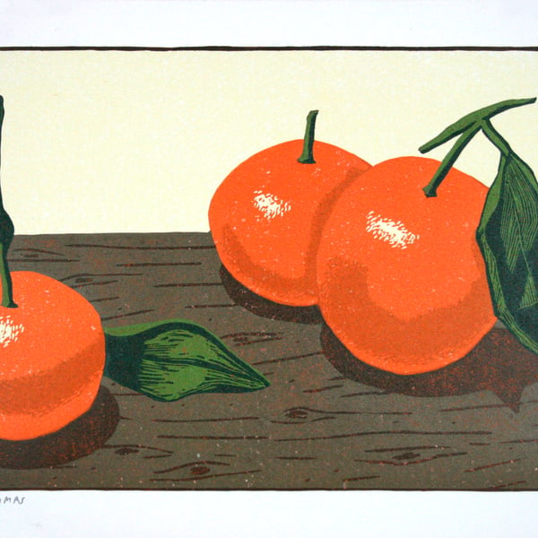Satsumas Still LIfe Linocut Print - Happy And Colourful Orange Fruit Lino Art