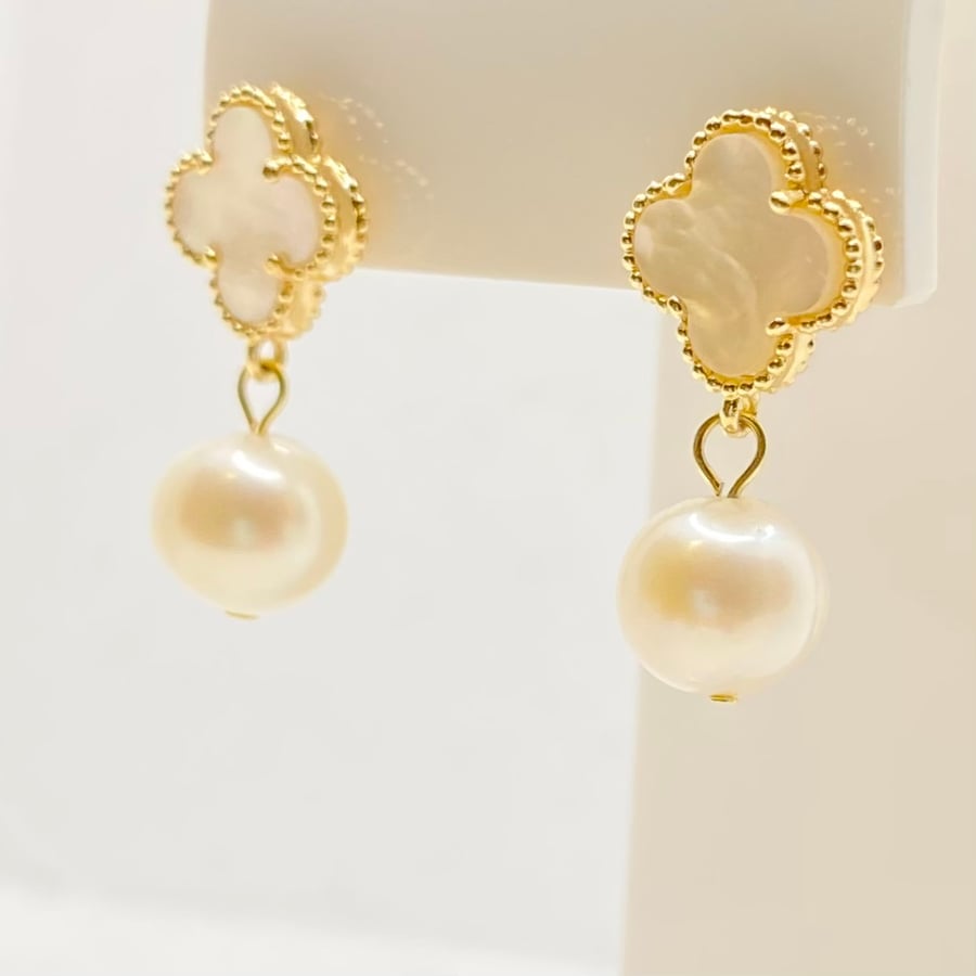 Freshwater Pearl and White Shell Four Leaf Clover Gold Plated Earrings