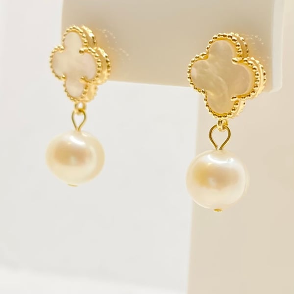 Freshwater Pearl and White Shell Four Leaf Clover Gold Plated Earrings