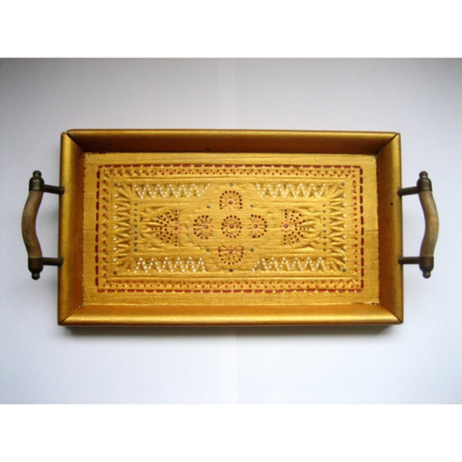 Painted vintage gold wooden tray