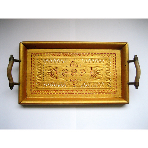 Painted vintage gold wooden tray