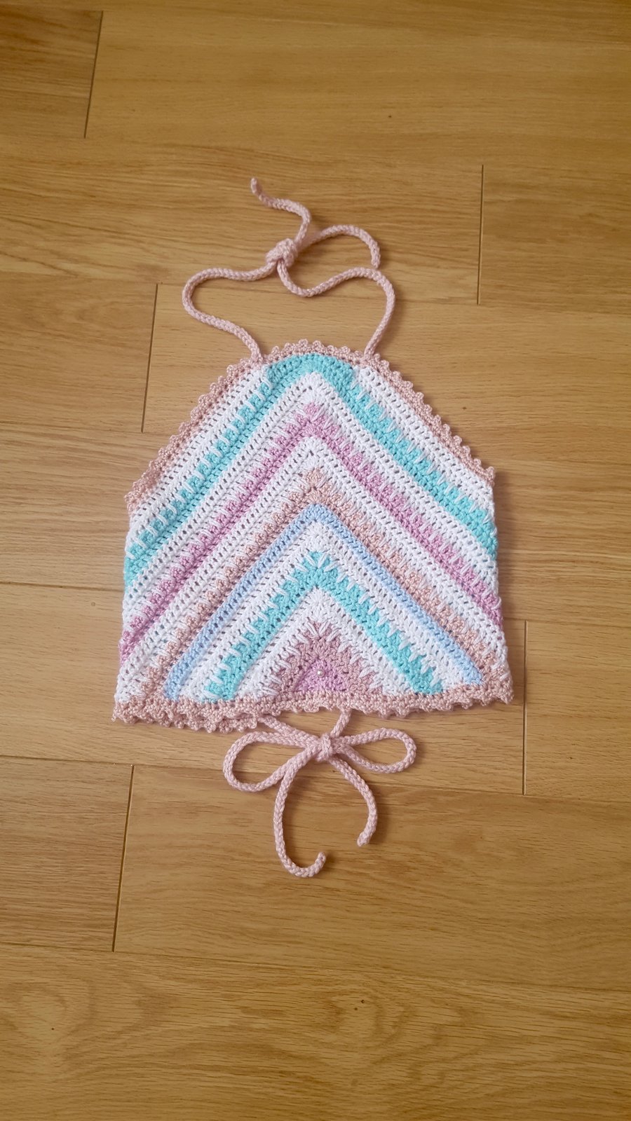 Handmade crochet halter top with bead in front. UK size Medium. Multicoloured.