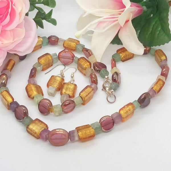 Amber Green and Purple Glass Bead 3 Piece Jewellery Set, Gift for Her