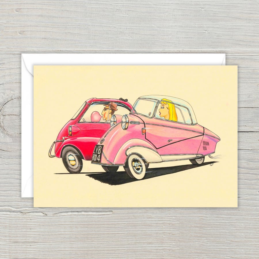 Fifties Bubble Cars Card: Hand Illustrated Any Occasion Card